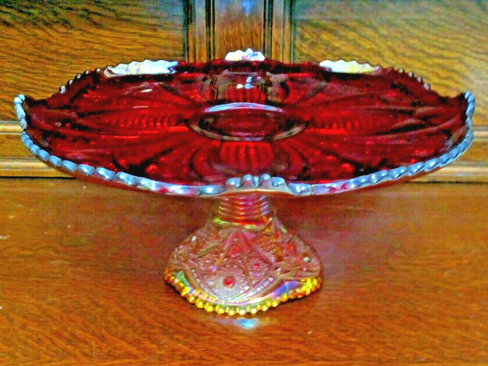 Vtg Indiana Glass Heirloom Pattern Carnival  Glass Pedestal Cake Plate - 15"