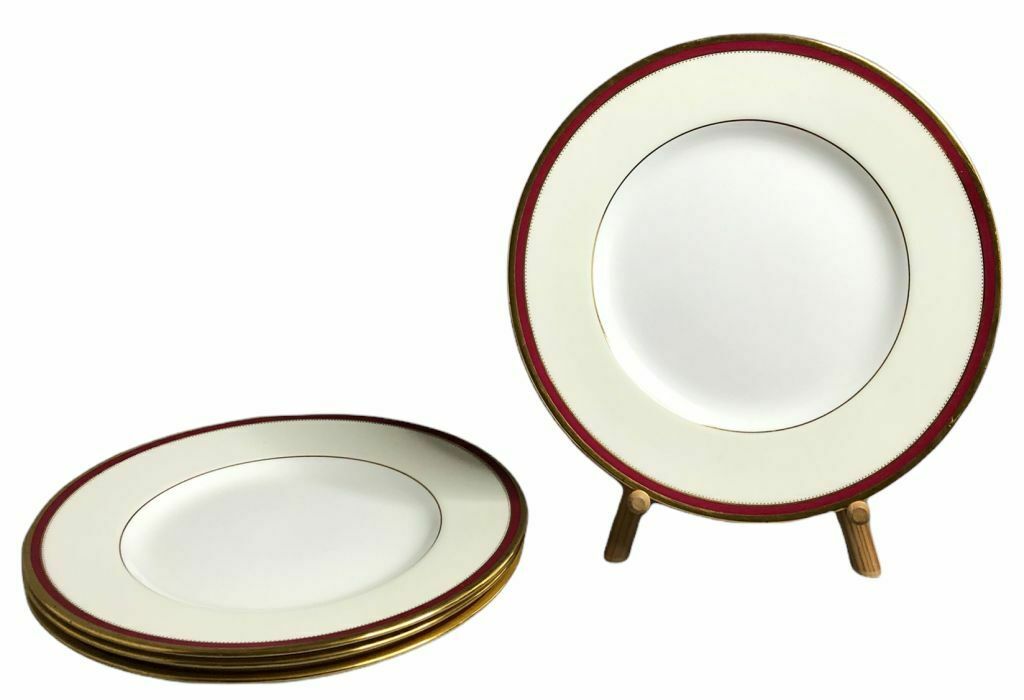 Lot/4 Minton Dinner Plates Crimson Ivory Pattern K396 Ruby & Gold Bands