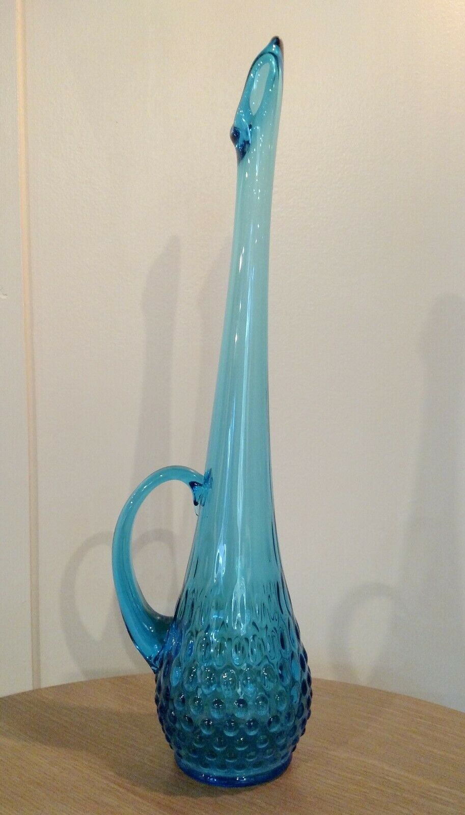 15" Kawahna Swung Stretch Turquoise Blue Glass Hobnail Handled Pitcher Vase