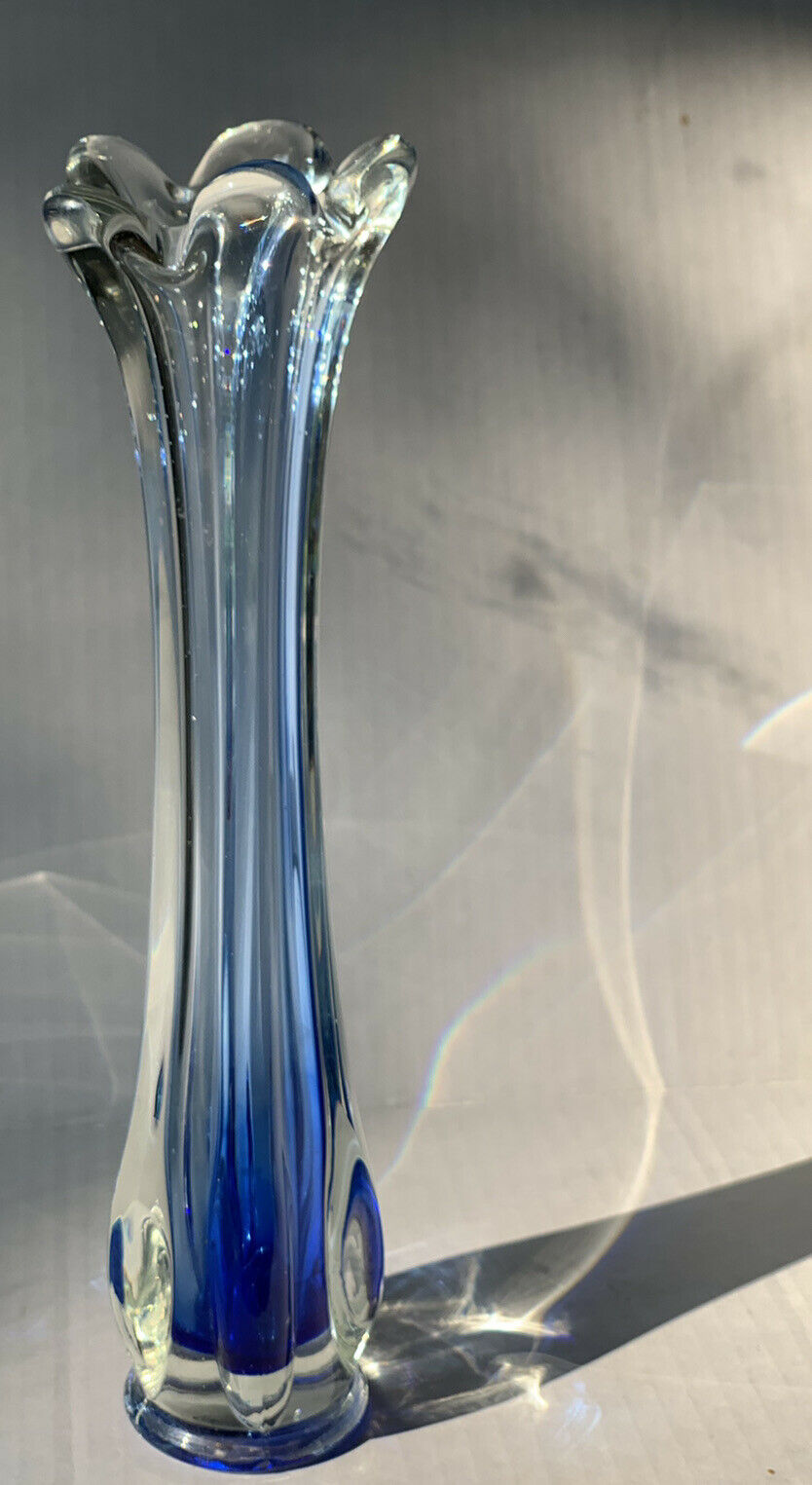 Vintage Mcm Cobalt Clear Swung Stretch Glass Vase - Lovely Shape And Weight