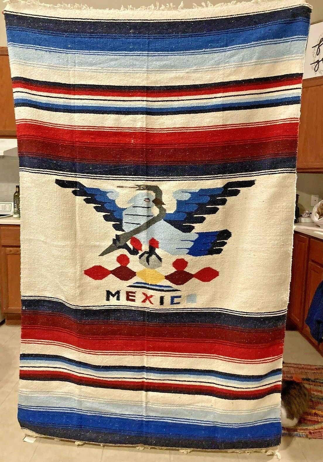 Vtg Woven Mexican Blanket Rug Tribal Eagle Snake 78" X 48"