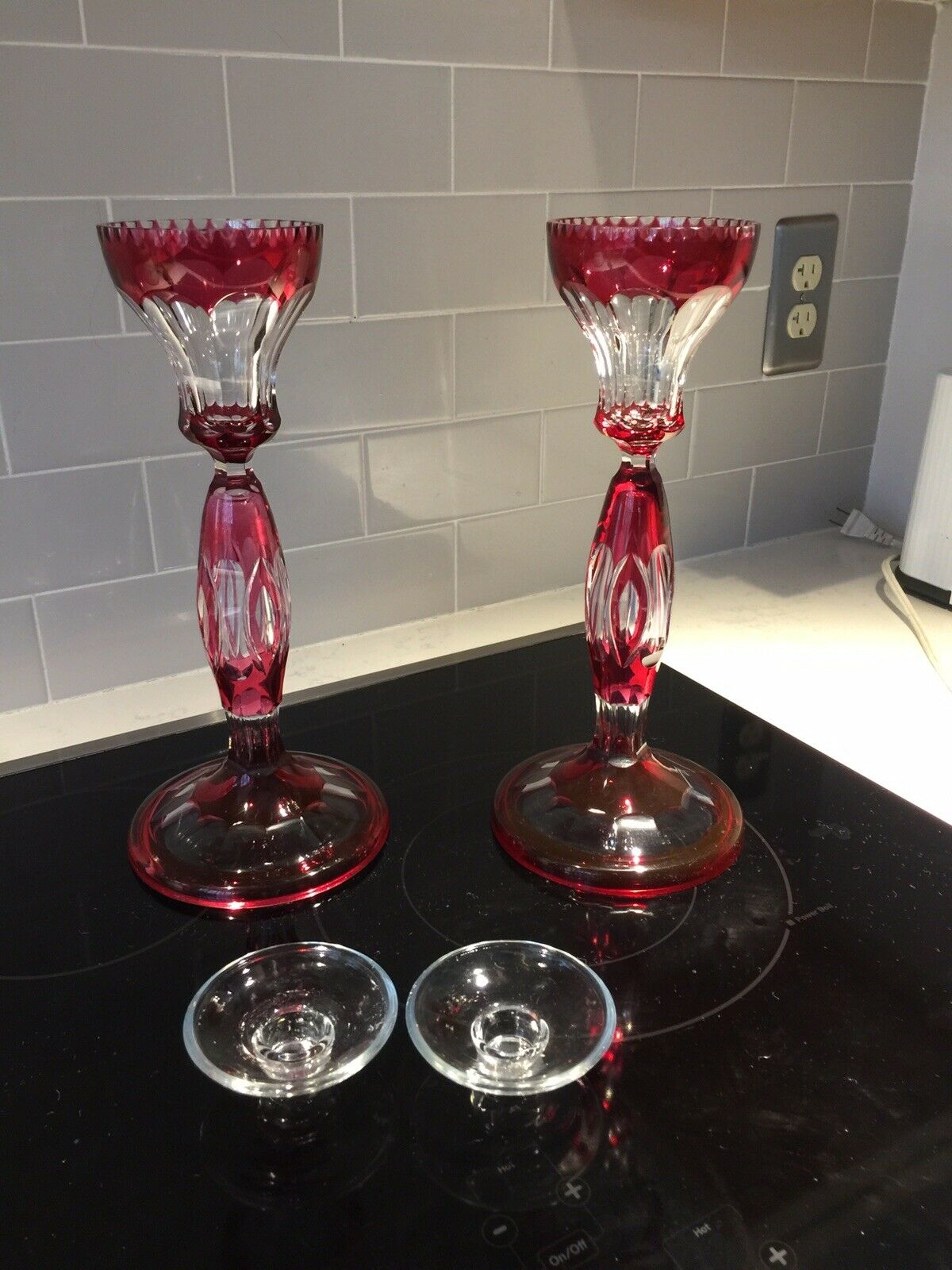 Art Deco Val St. Lambert Cranberry Cut To Clear Cut Glass Tall Candlesticks Rare