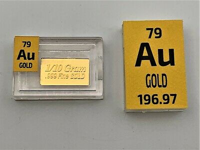 Gold .999 0.1 Gram Rare Pure Solid Gold Metal Ingot In A Periodic Element Tile.