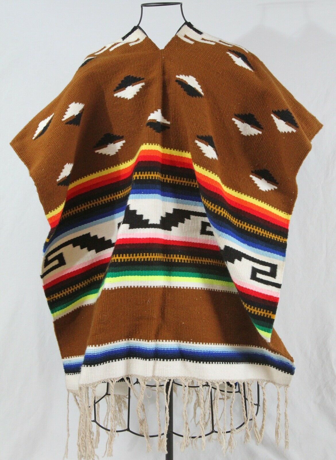 Vintage Mexican Woven Rug 70x32 Cowboy Serape Poncho Brown Fringe Diamond