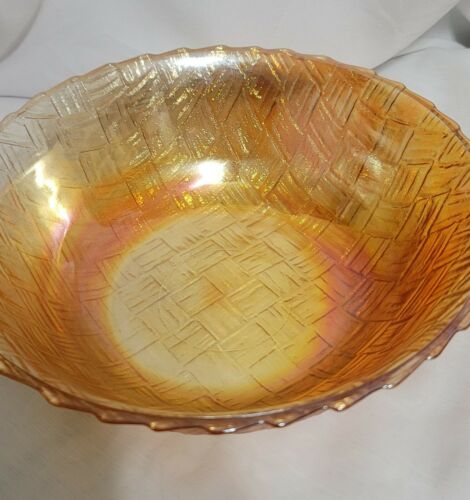 Carnival Glass Bowl Basket Weave Pattern Indiana Glass Marigold Iridescent 9"