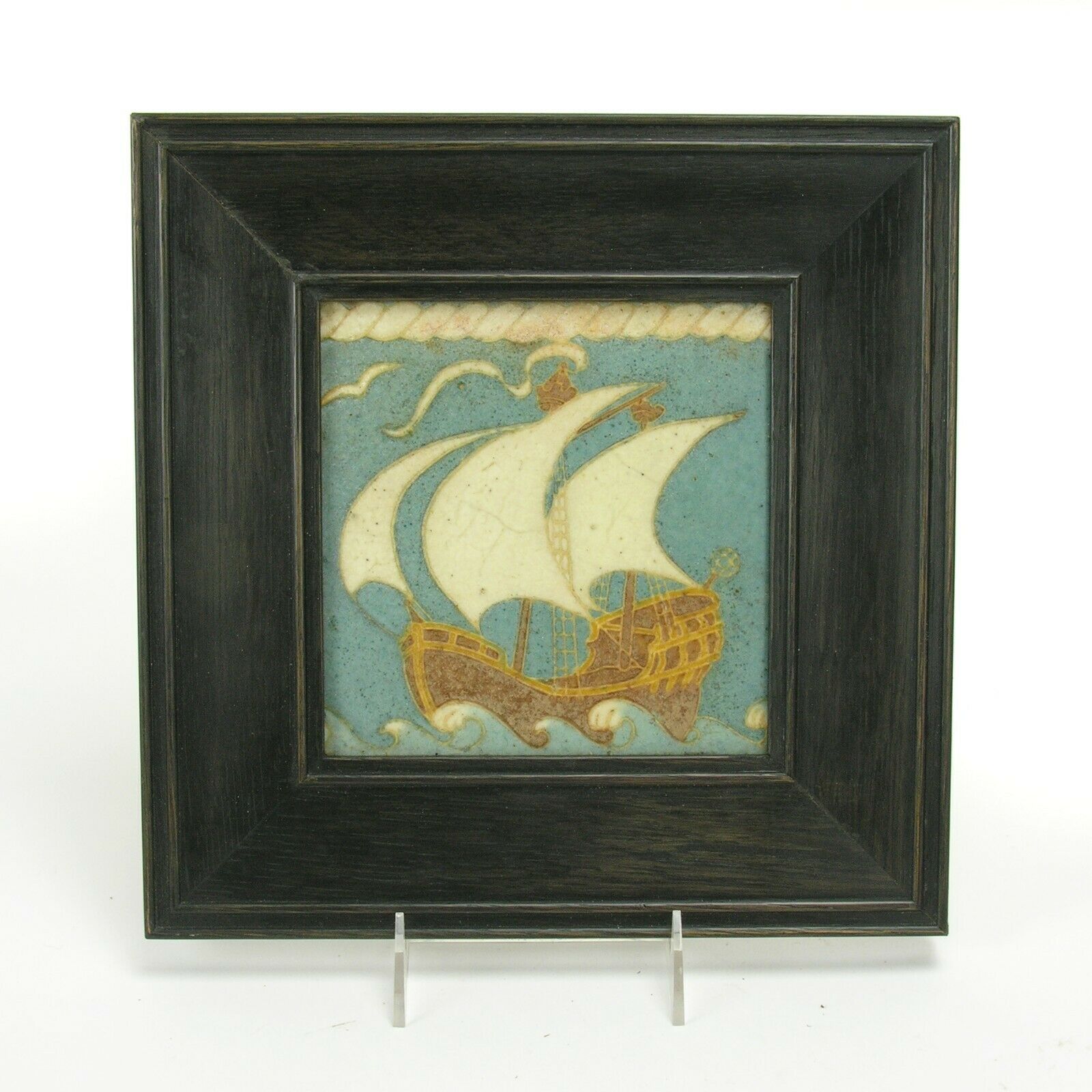 Grueby Pottery Tile Co 6x6 Galleon Ship Tile Matte Brown Blue Sky Arts & Crafts