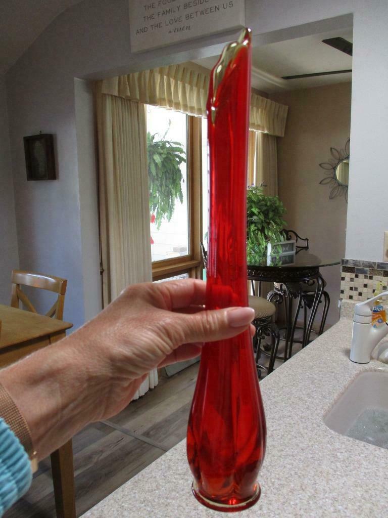 Vtg Mcm 13" Mid Century Red Glass Stretch Vase