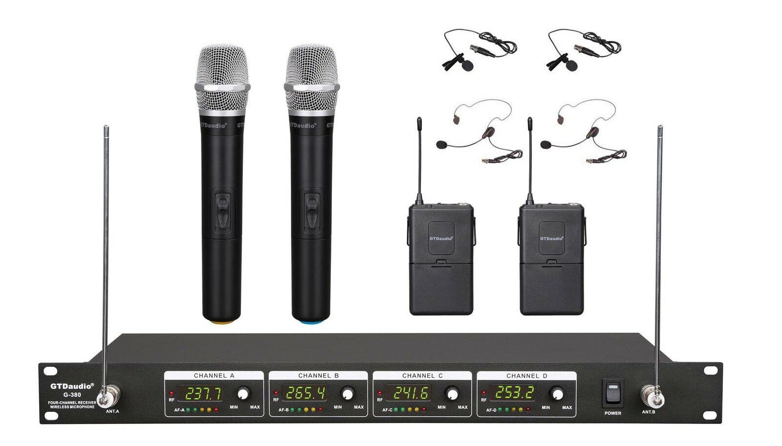 4 Channel Vhf Handheld & Lapel Headset Wireless Microphone System New 380hl