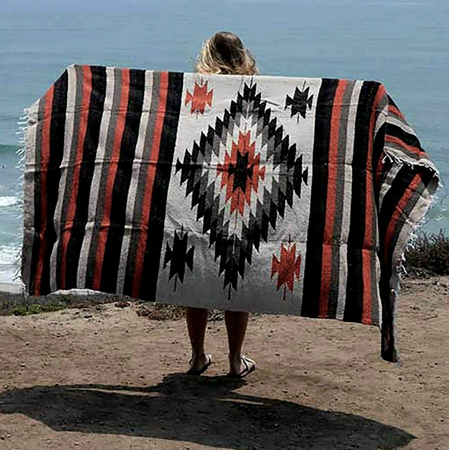 Mexican Blanket Vintage Style Tan Brown Diamond X Large Native Serape Saltillo