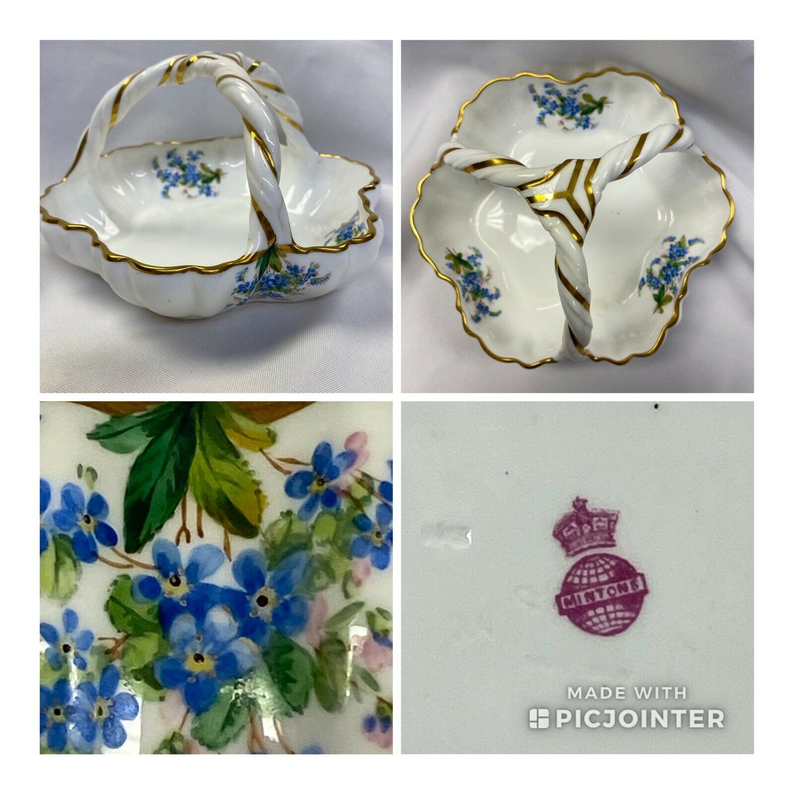 Antique Hand Painted Minton Porcelain Basket~ Forget Me Nots ~made In England