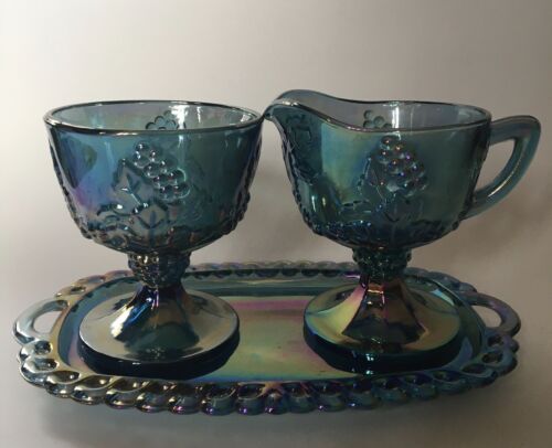 Vintage 3 Pc Indiana Blue Carnival Glass Pedestal Creamer, Sugar And Tray