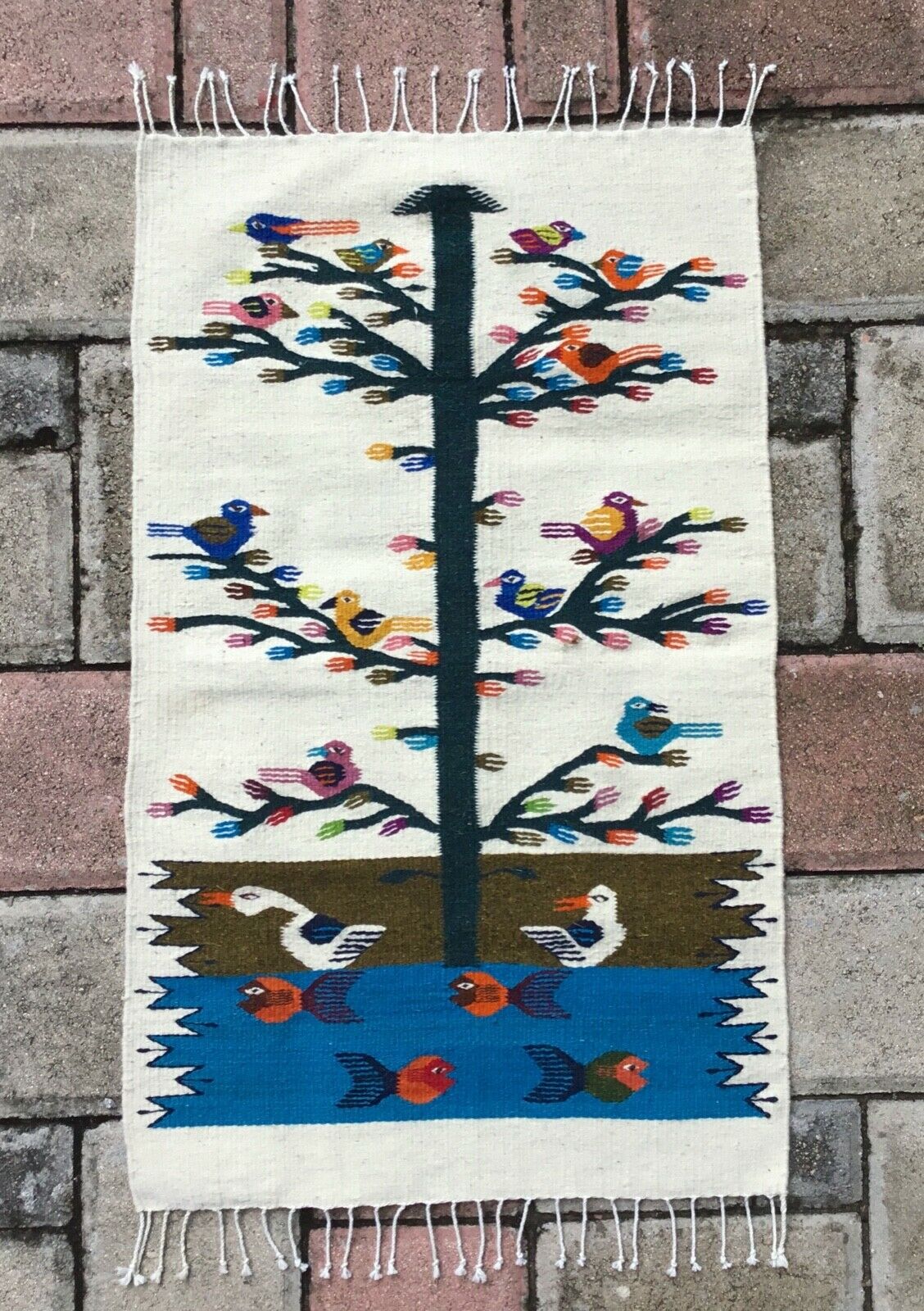 Hand Woven Zapotec 23x39" White Birdie Tree Of Life Pattern Weaving Tapestry Rug
