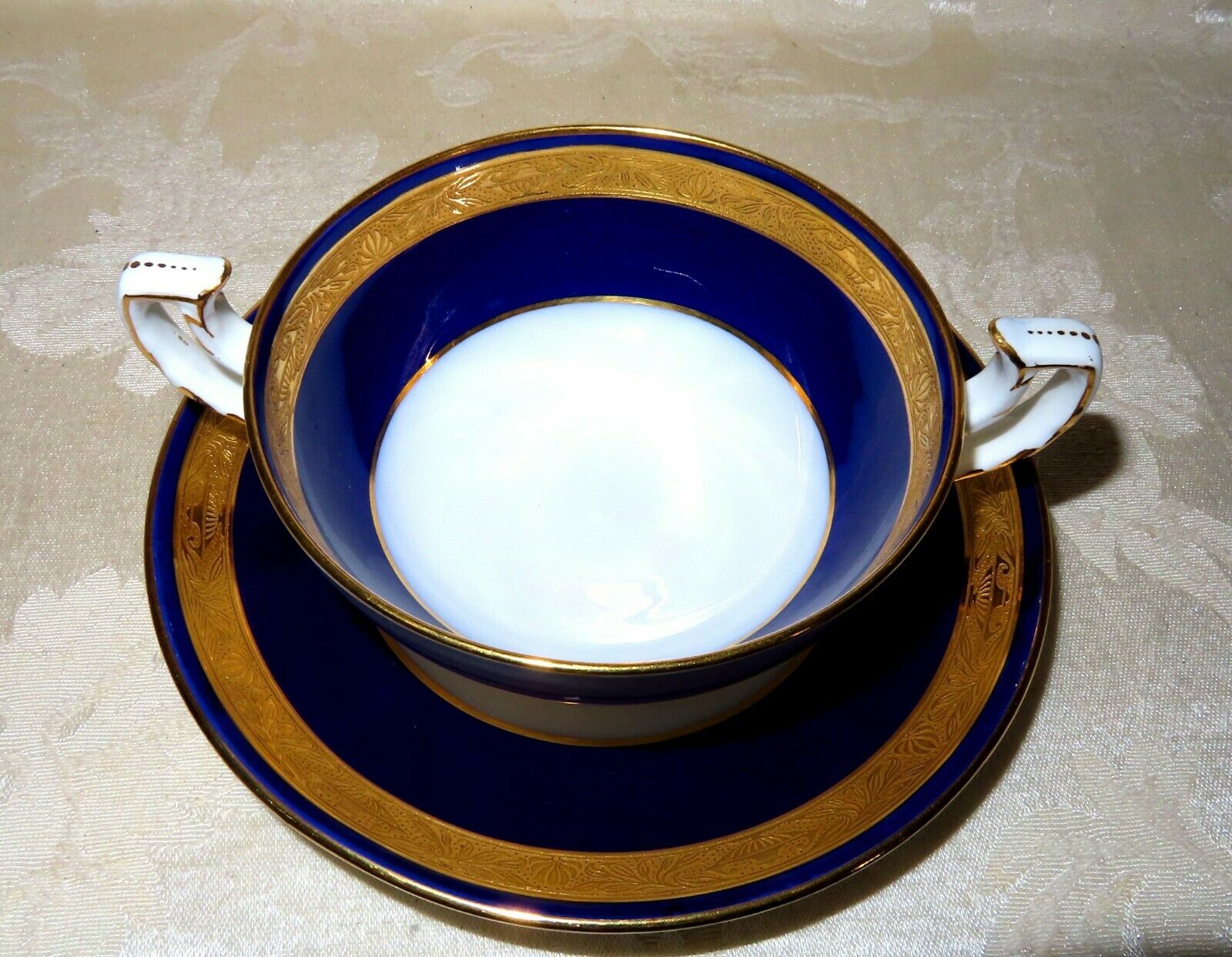 1800's Mintons Porcelain Cream Soup Bowl With Under Plate In Cobalt Blue & Gold